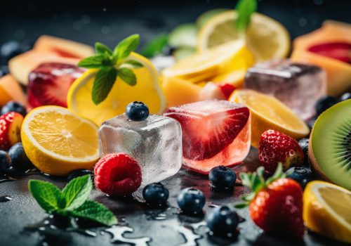 Slices of fruits between ice and summer party title